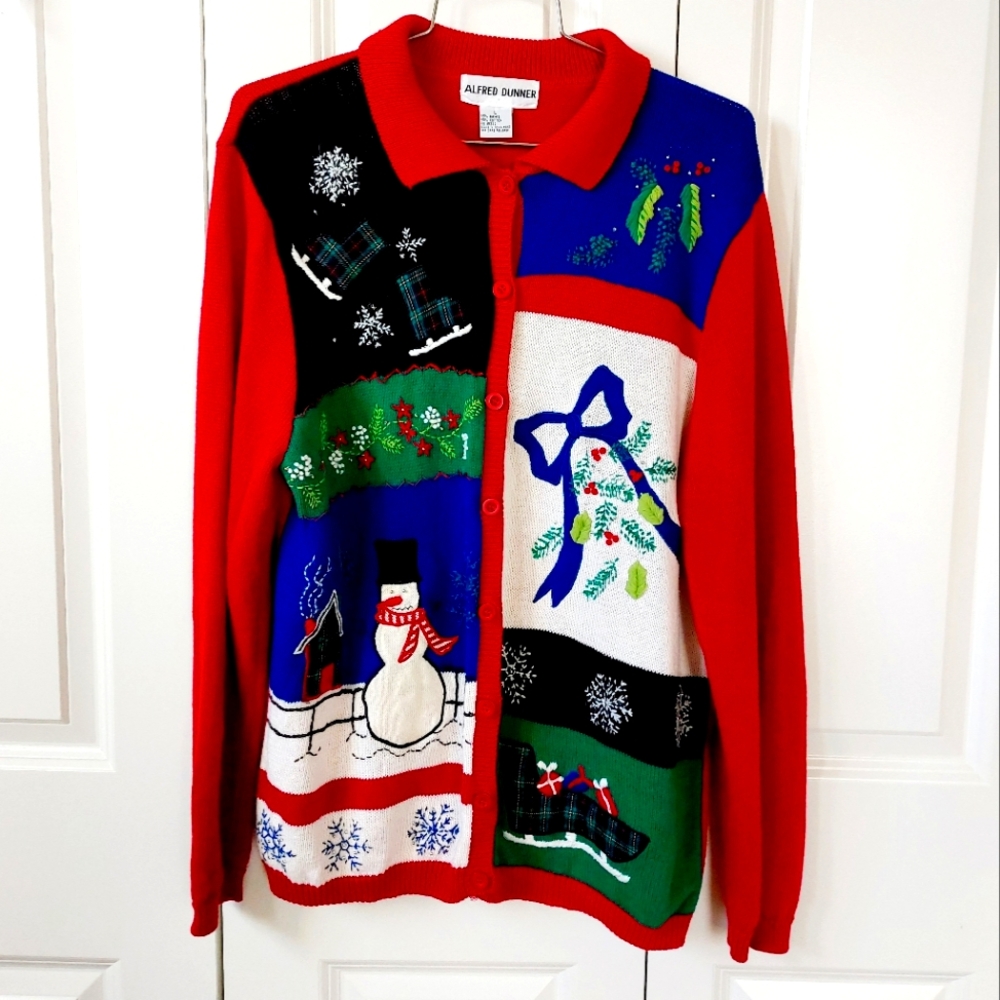 "Ugly" Christmas Sweater Cardigan Bow Skates‎ Snowman Holly Sleigh size Large